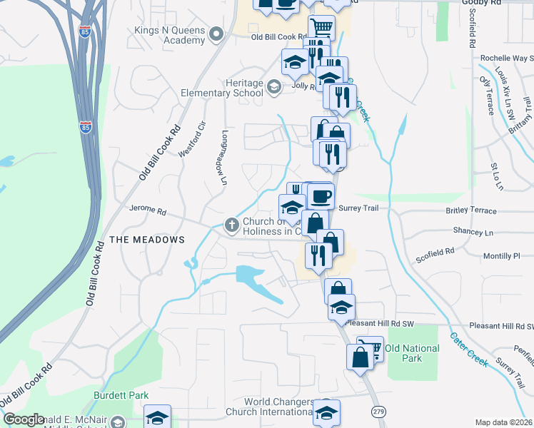 map of restaurants, bars, coffee shops, grocery stores, and more near 2625 Jerome Road in College Park