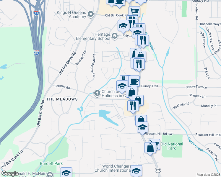 map of restaurants, bars, coffee shops, grocery stores, and more near 2625 Jerome Road in College Park