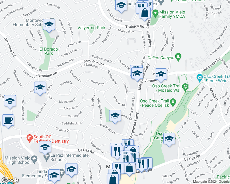map of restaurants, bars, coffee shops, grocery stores, and more near 27031 Condado Lane in Mission Viejo