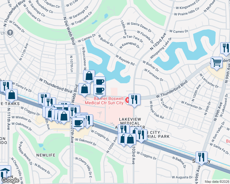 map of restaurants, bars, coffee shops, grocery stores, and more near 10474 West Thunderbird Boulevard in Sun City