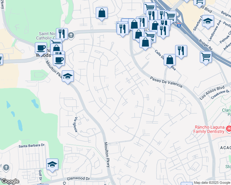map of restaurants, bars, coffee shops, grocery stores, and more near 406 Avenida Castilla in Laguna Woods