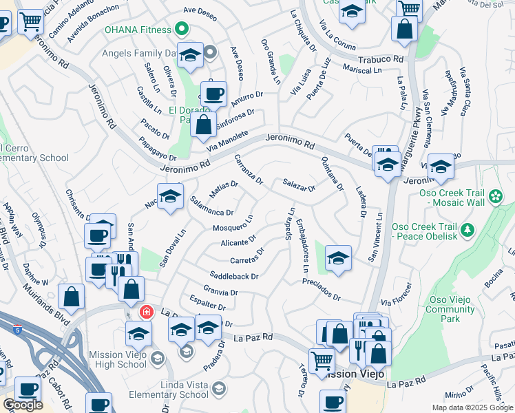 map of restaurants, bars, coffee shops, grocery stores, and more near 24602 Mosquero Lane in Mission Viejo