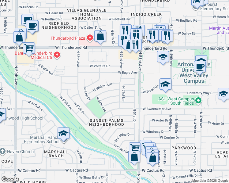 map of restaurants, bars, coffee shops, grocery stores, and more near 5204 West Pershing Avenue in Glendale
