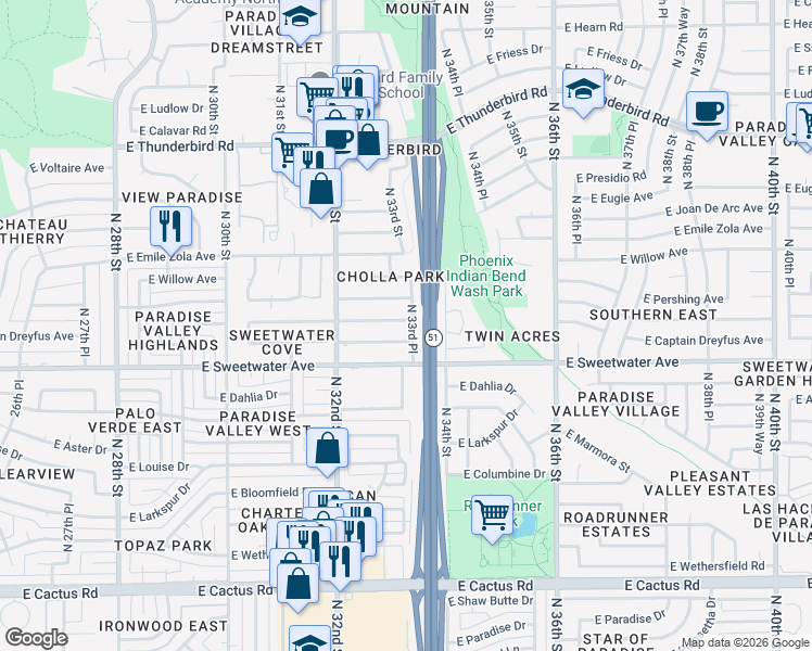 map of restaurants, bars, coffee shops, grocery stores, and more near 3317 East Roveen Avenue in Phoenix