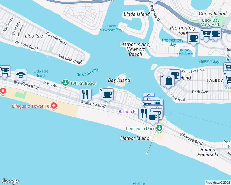 map of restaurants, bars, coffee shops, grocery stores, and more near 501 Buena Vista Boulevard in Newport Beach