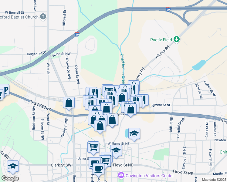 map of restaurants, bars, coffee shops, grocery stores, and more near Herring Street in Covington