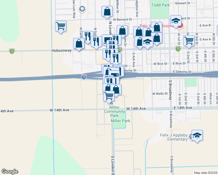map of restaurants, bars, coffee shops, grocery stores, and more near 349 South Lovekin Boulevard in Blythe