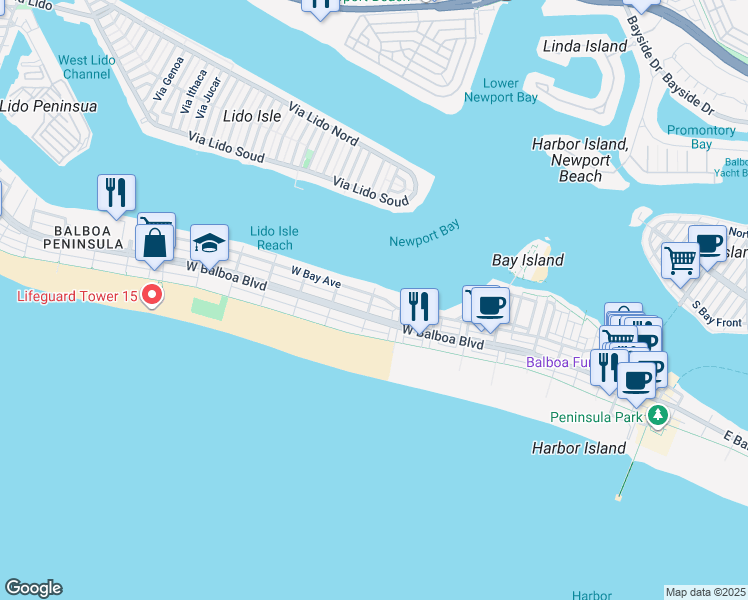 map of restaurants, bars, coffee shops, grocery stores, and more near 825 West Bay Avenue in Newport Beach