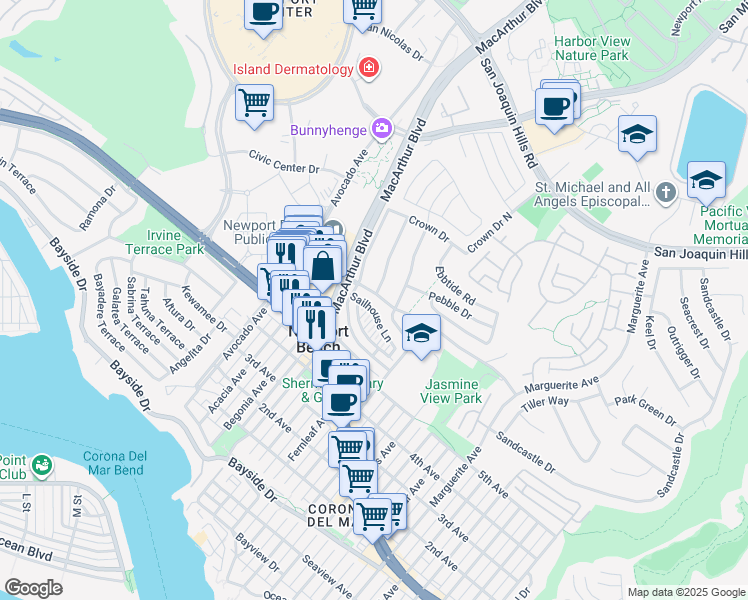 map of restaurants, bars, coffee shops, grocery stores, and more near 2519 Harbor View Drive in Newport Beach