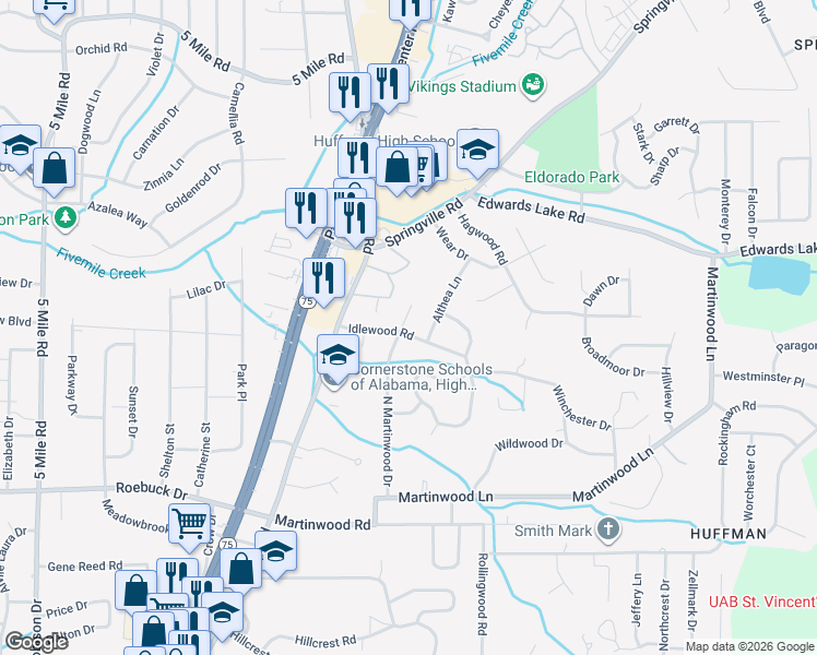 map of restaurants, bars, coffee shops, grocery stores, and more near 800 Idlewood Road in Birmingham