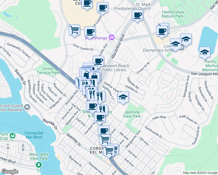 map of restaurants, bars, coffee shops, grocery stores, and more near 2519 Harbor View Drive in Newport Beach