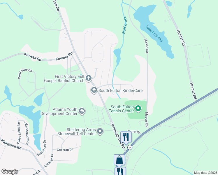 map of restaurants, bars, coffee shops, grocery stores, and more near 5478 Rock Lake Drive in Atlanta
