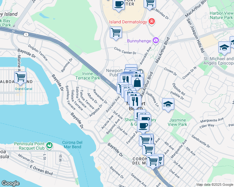 map of restaurants, bars, coffee shops, grocery stores, and more near 775 Avocado Avenue in Newport Beach