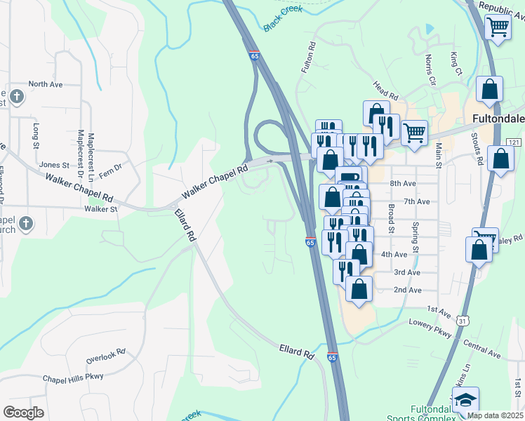 map of restaurants, bars, coffee shops, grocery stores, and more near 170 Stoney Brooke Lane in Fultondale