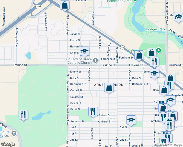 map of restaurants, bars, coffee shops, grocery stores, and more near 3110 Emory Street in Lubbock