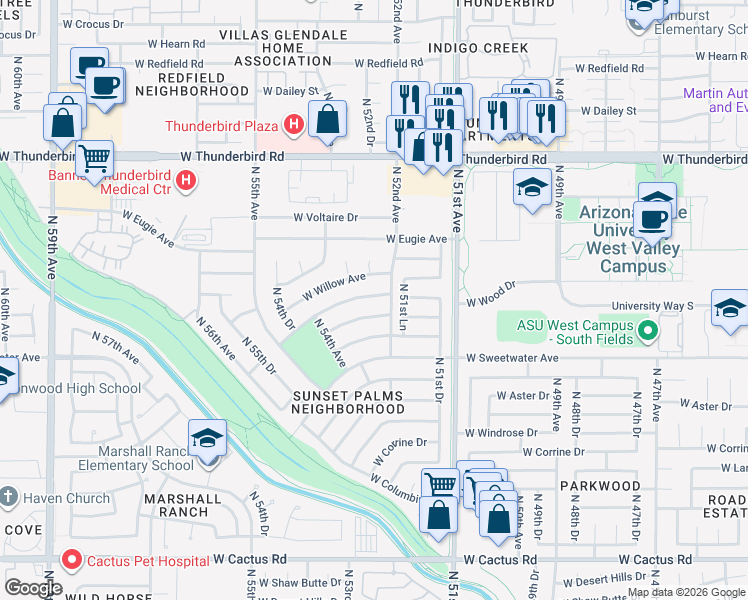 map of restaurants, bars, coffee shops, grocery stores, and more near 5204 West Pershing Avenue in Glendale