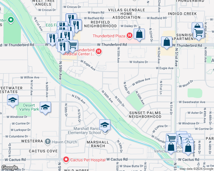 map of restaurants, bars, coffee shops, grocery stores, and more near 5540 West Willow Avenue in Glendale