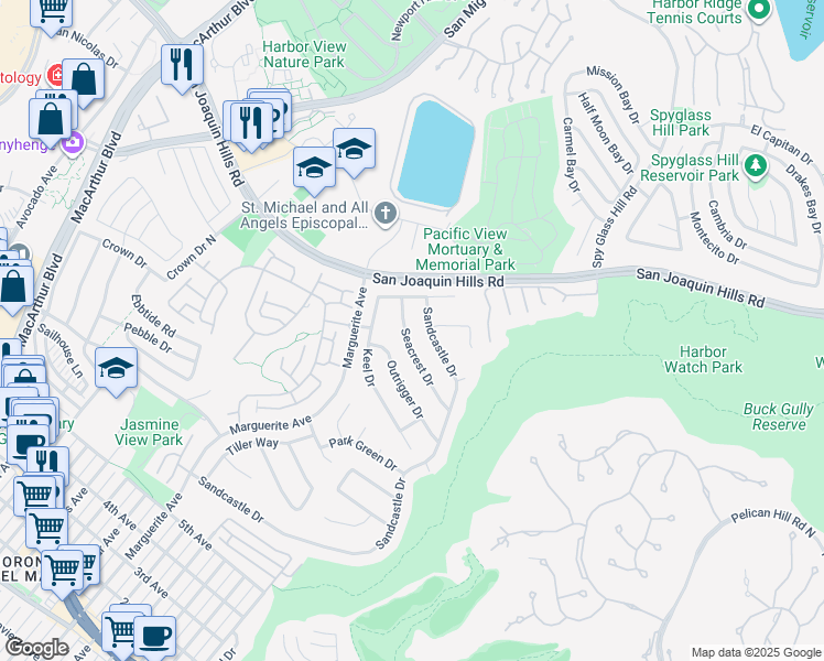 map of restaurants, bars, coffee shops, grocery stores, and more near 1516 Seacrest Drive in Newport Beach