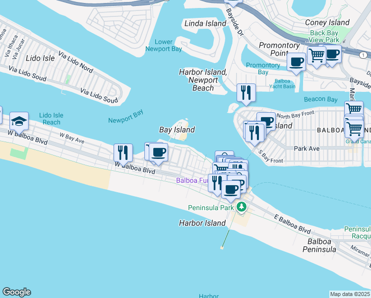 map of restaurants, bars, coffee shops, grocery stores, and more near 123 Edgewater Place in Newport Beach