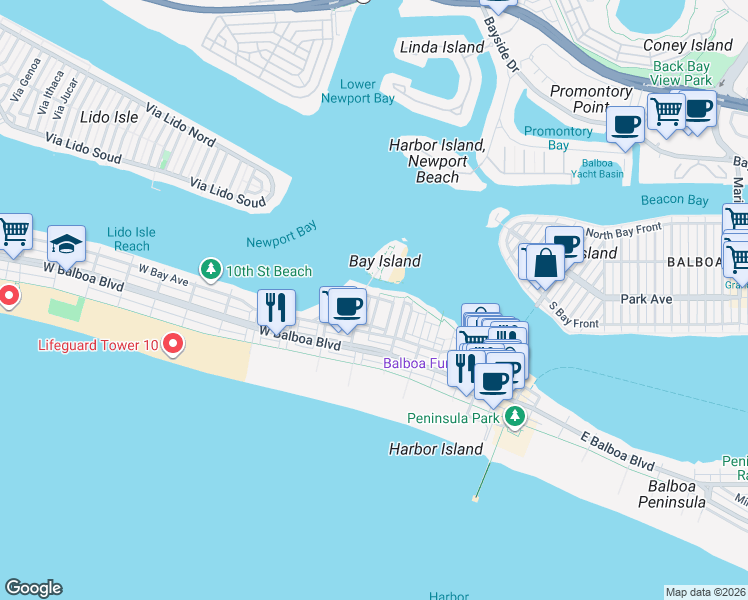 map of restaurants, bars, coffee shops, grocery stores, and more near 501 Buena Vista Boulevard in Newport Beach