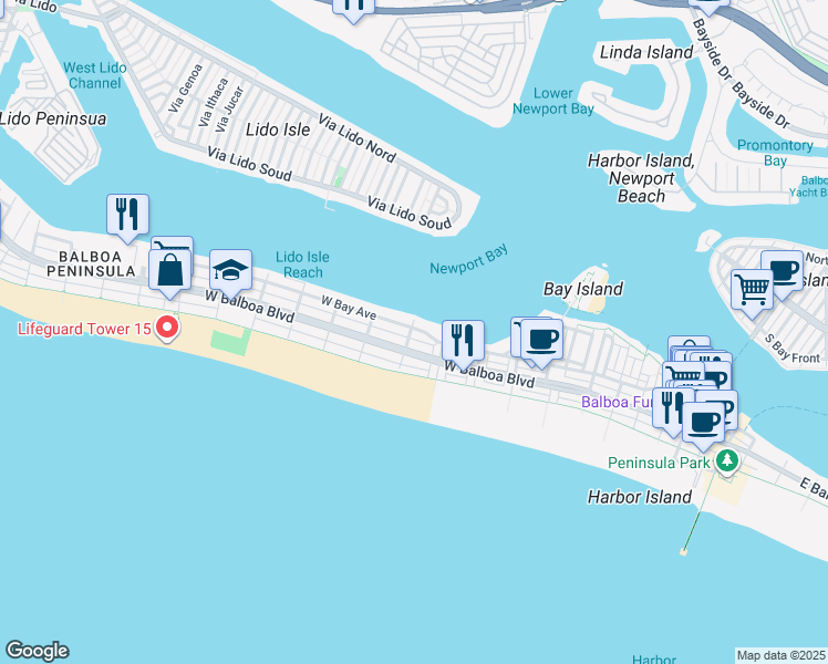 map of restaurants, bars, coffee shops, grocery stores, and more near 908 West Bay Avenue in Newport Beach