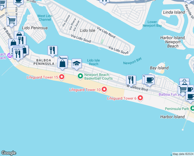 map of restaurants, bars, coffee shops, grocery stores, and more near 1113 West Balboa Boulevard in Newport Beach