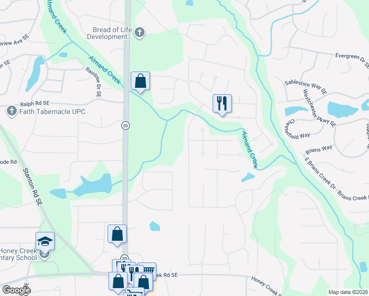 map of restaurants, bars, coffee shops, grocery stores, and more near 2034 Reflection Creek Drive in Conyers