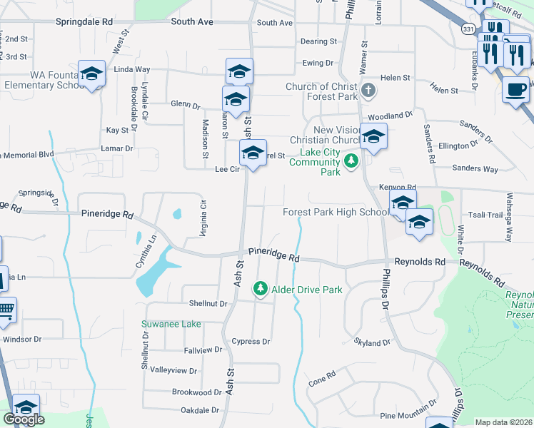 map of restaurants, bars, coffee shops, grocery stores, and more near 5445 Alder Drive in Forest Park