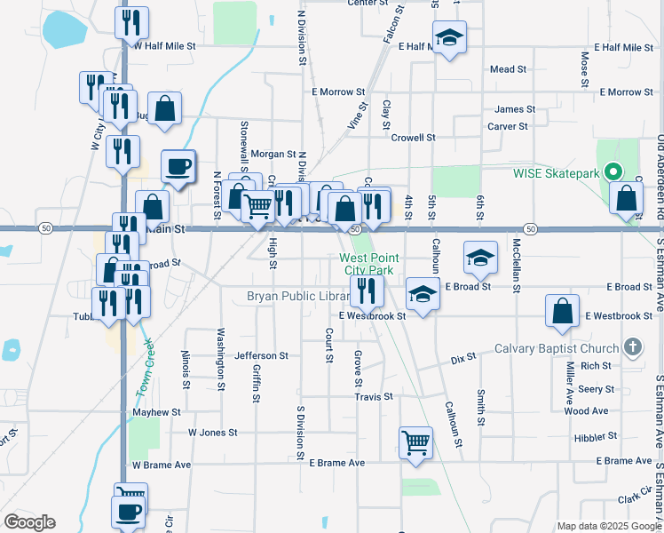 map of restaurants, bars, coffee shops, grocery stores, and more near 133 Commerce Street in West Point