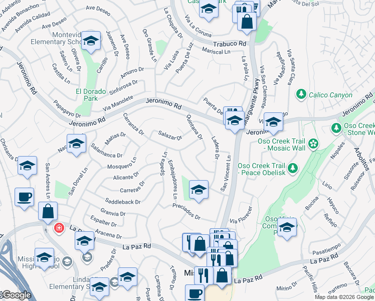 map of restaurants, bars, coffee shops, grocery stores, and more near 26952 Carranza Drive in Mission Viejo