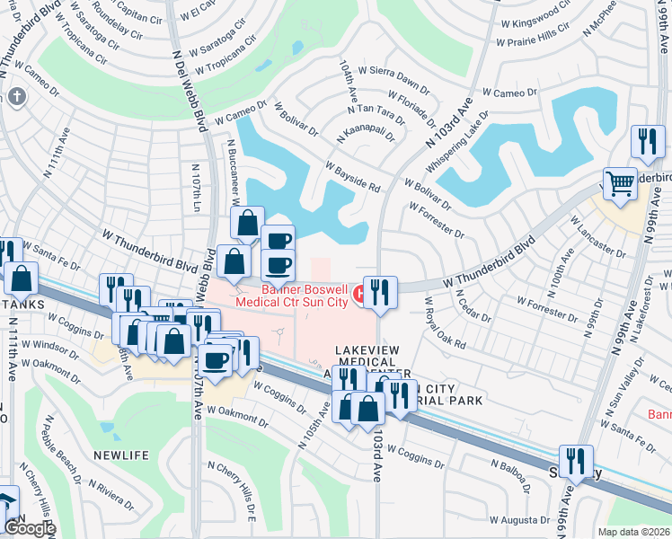 map of restaurants, bars, coffee shops, grocery stores, and more near 10474 West Thunderbird Boulevard in Sun City