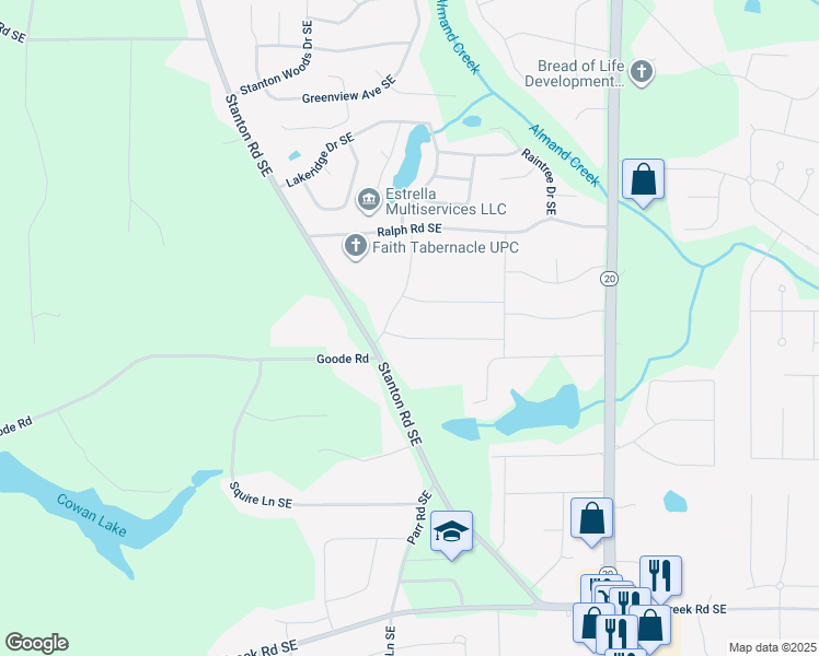 map of restaurants, bars, coffee shops, grocery stores, and more near 721 Robin Drive Southeast in Conyers