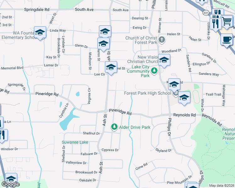 map of restaurants, bars, coffee shops, grocery stores, and more near 5445 Alder Drive in Forest Park