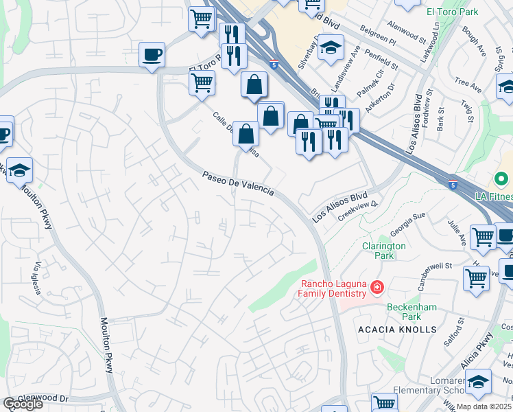 map of restaurants, bars, coffee shops, grocery stores, and more near 136 Avenida Majorca in Laguna Woods
