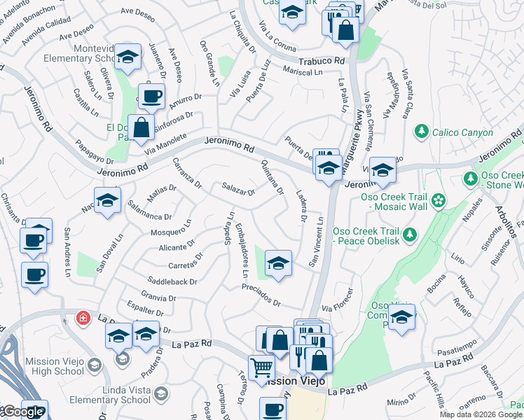 map of restaurants, bars, coffee shops, grocery stores, and more near 26952 Carranza Drive in Mission Viejo