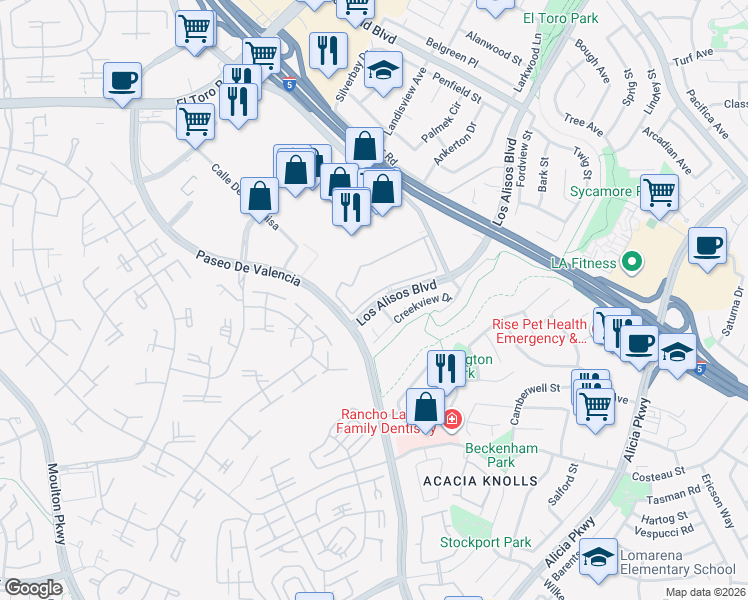 map of restaurants, bars, coffee shops, grocery stores, and more near 24557 Los Alisos Boulevard in Laguna Hills