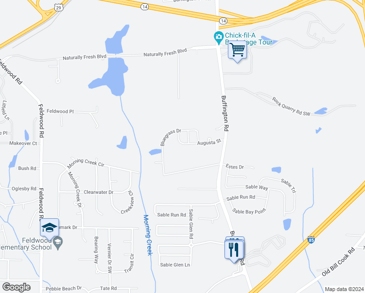 map of restaurants, bars, coffee shops, grocery stores, and more near 3504 Augusta Street in Atlanta