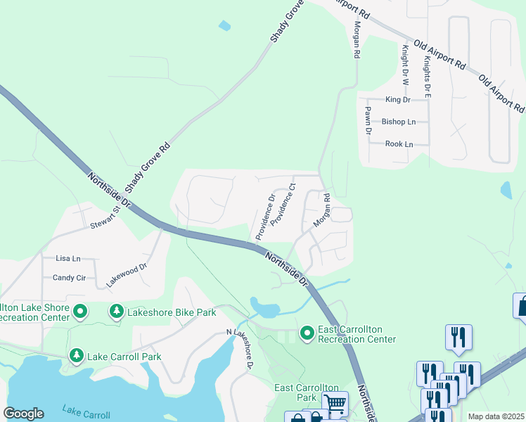 map of restaurants, bars, coffee shops, grocery stores, and more near 208 Providence Drive in Carrollton