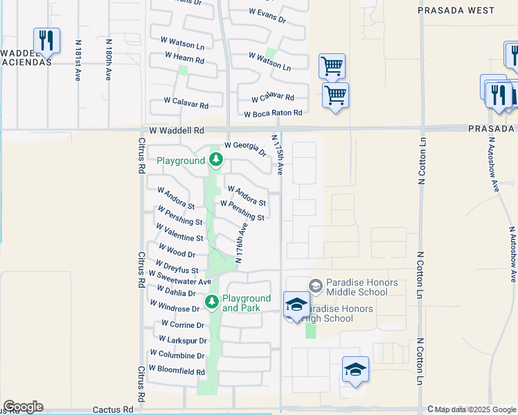map of restaurants, bars, coffee shops, grocery stores, and more near 17548 West Andora Street in Surprise