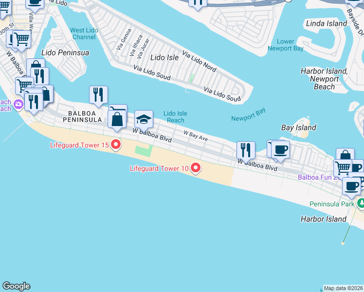 map of restaurants, bars, coffee shops, grocery stores, and more near 1113 West Balboa Boulevard in Newport Beach