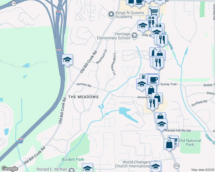 map of restaurants, bars, coffee shops, grocery stores, and more near 2735 Westford Court Southwest in College Park