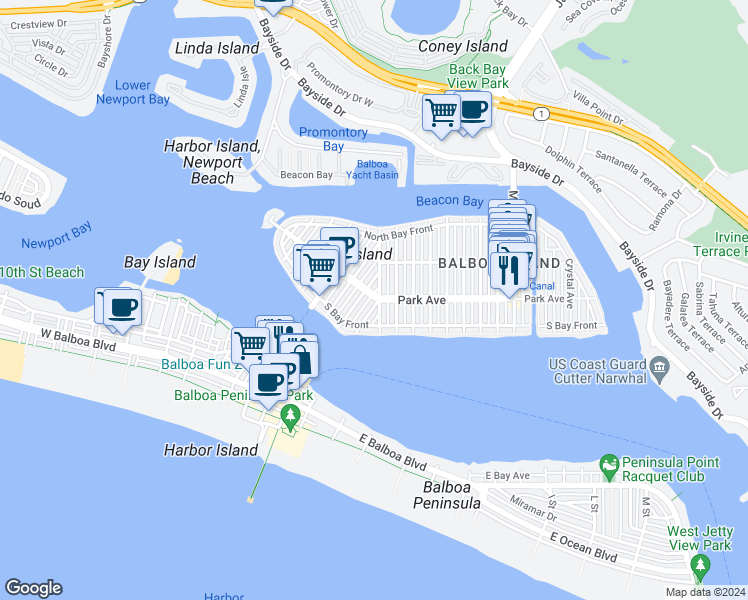 map of restaurants, bars, coffee shops, grocery stores, and more near 135 Turquoise Avenue in Newport Beach