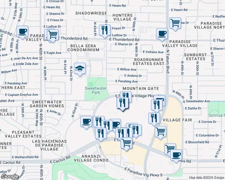 map of restaurants, bars, coffee shops, grocery stores, and more near 4444 East Paradise Village Parkway North in Phoenix