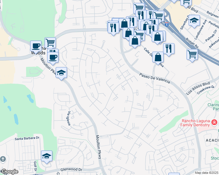 map of restaurants, bars, coffee shops, grocery stores, and more near 56 Calle Cadiz in Laguna Woods