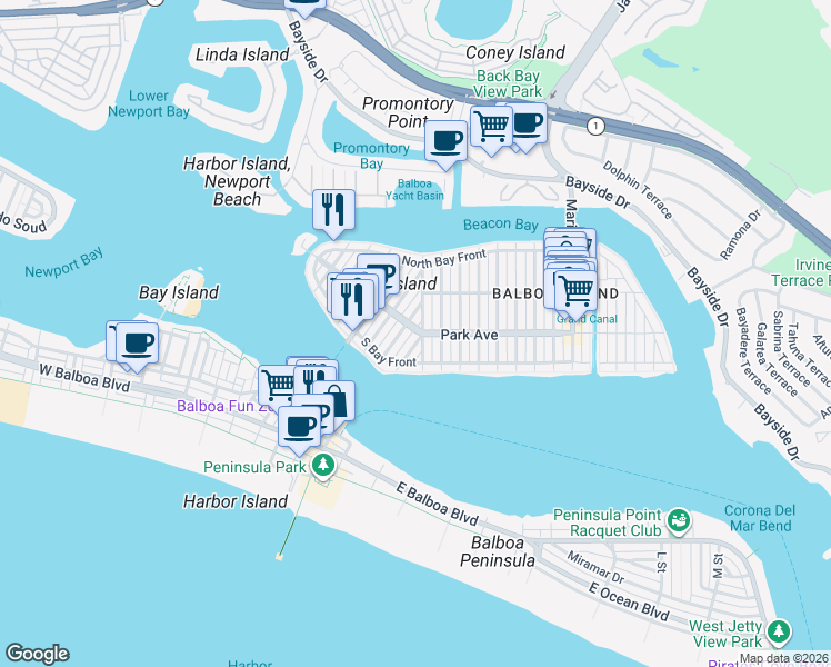 map of restaurants, bars, coffee shops, grocery stores, and more near 135 Turquoise Avenue in Newport Beach