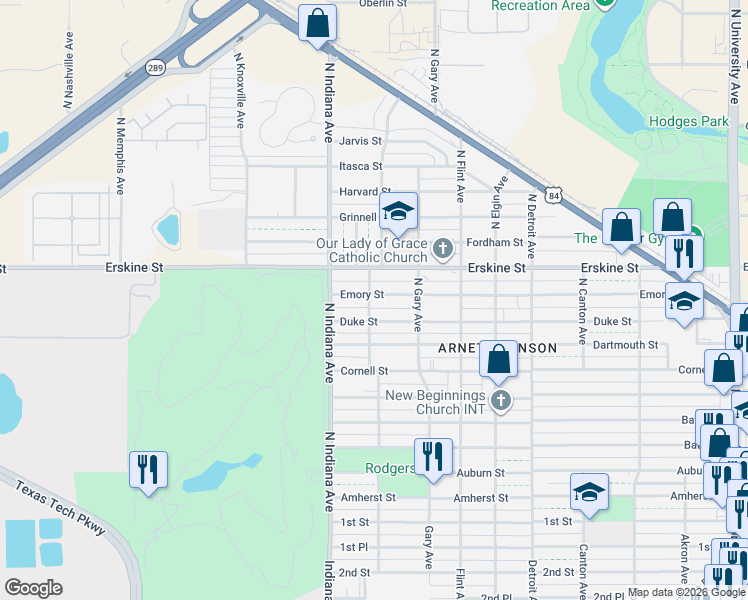 map of restaurants, bars, coffee shops, grocery stores, and more near 3222 Emory Street in Lubbock