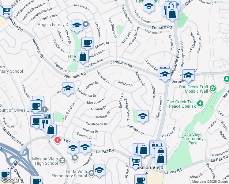map of restaurants, bars, coffee shops, grocery stores, and more near 26802 Carranza Drive in Mission Viejo