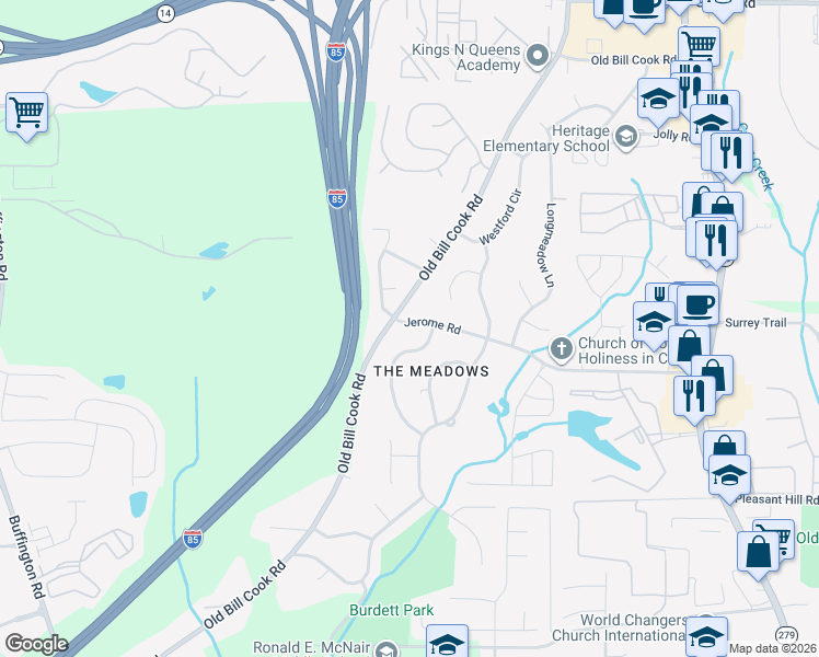 map of restaurants, bars, coffee shops, grocery stores, and more near 2875 Jerome Road in College Park