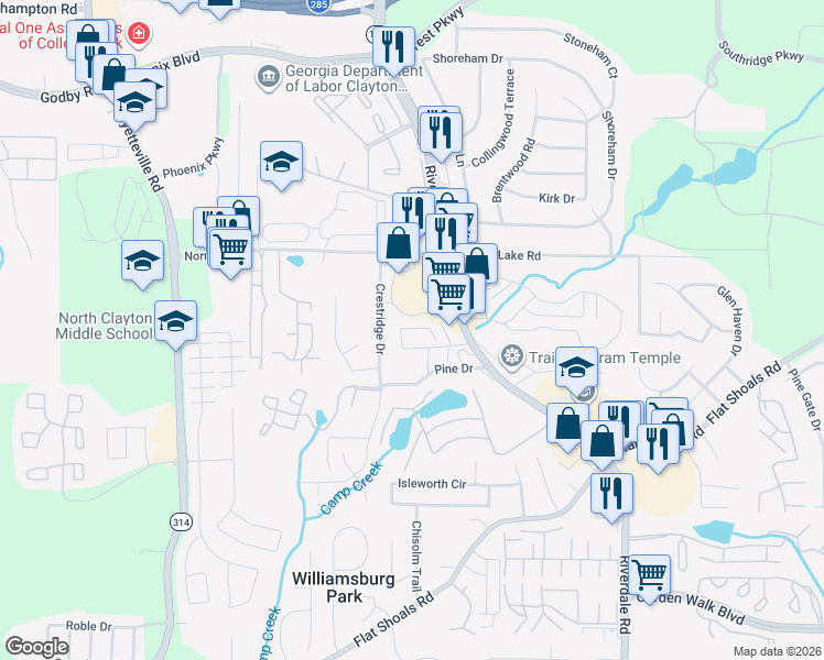 map of restaurants, bars, coffee shops, grocery stores, and more near 5503 Riverdale Road in Atlanta
