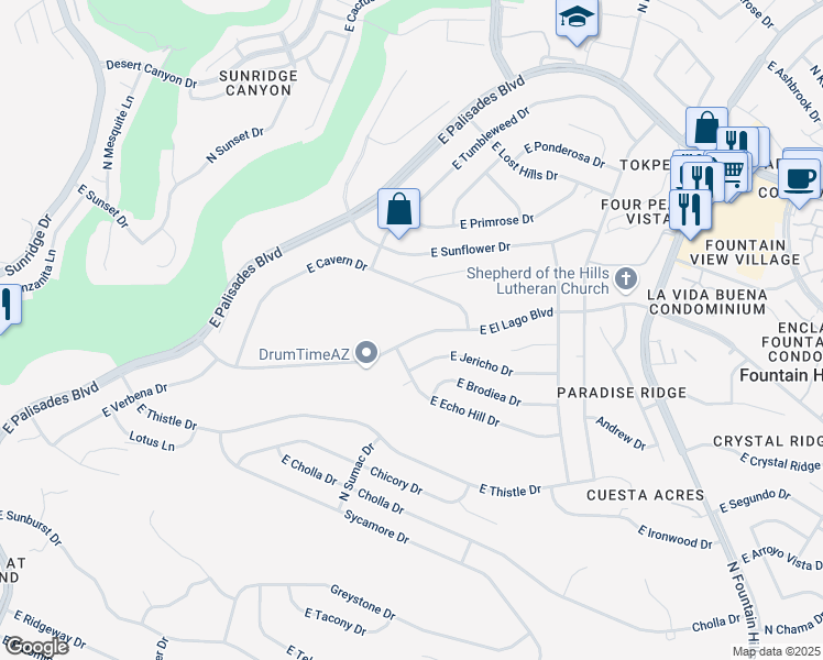 map of restaurants, bars, coffee shops, grocery stores, and more near 15740 East El Lago Boulevard in Fountain Hills